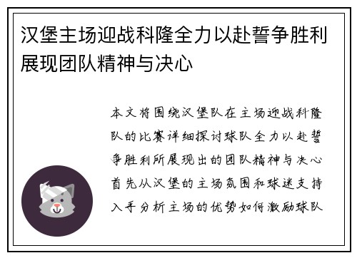 汉堡主场迎战科隆全力以赴誓争胜利展现团队精神与决心
