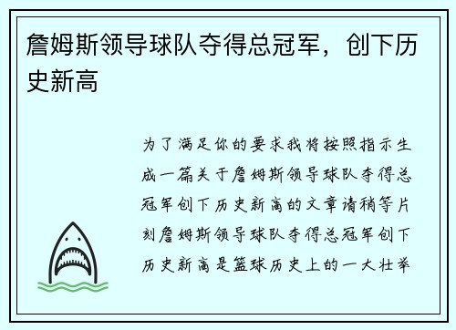 詹姆斯领导球队夺得总冠军，创下历史新高