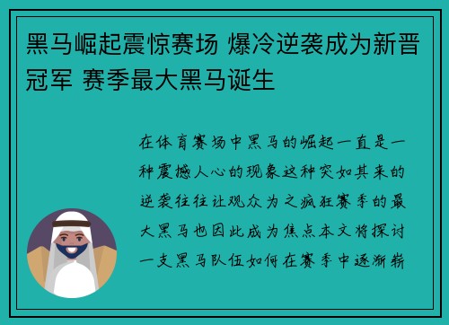 黑马崛起震惊赛场 爆冷逆袭成为新晋冠军 赛季最大黑马诞生